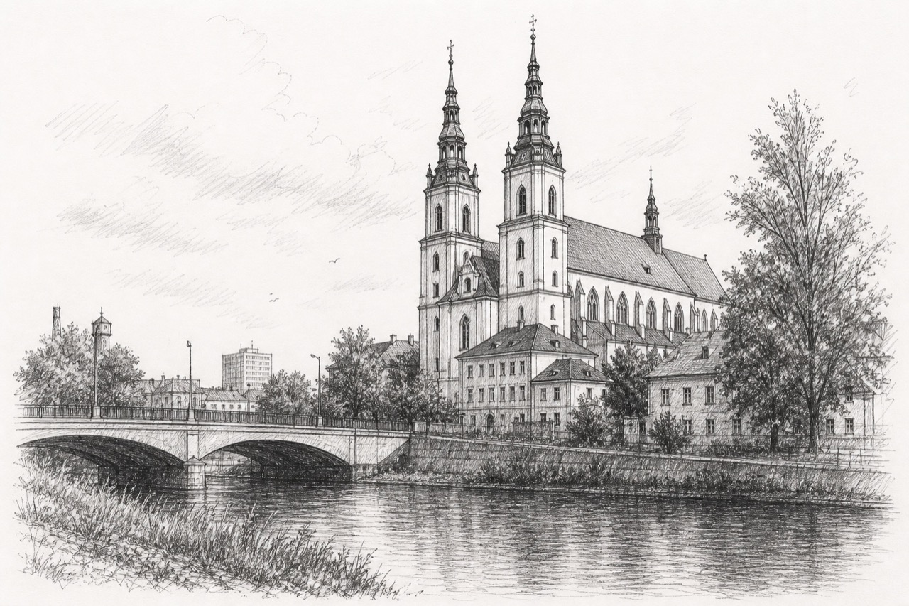 Hand-drawn pencil travel sketch for Opole, Poland
