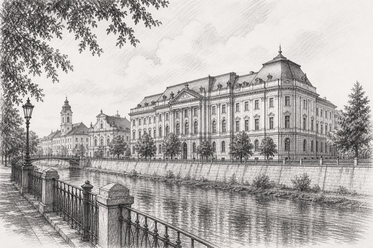 Hand-drawn pencil travel sketch for Oradea, Romania