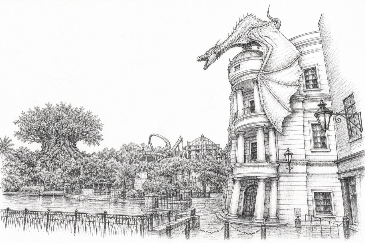 Hand-drawn pencil travel sketch for Orlando, United States