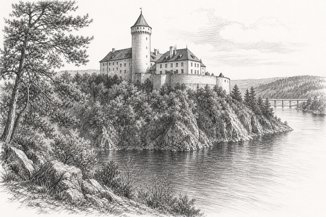 Hand-drawn pencil travel sketch for Orlík nad Vltavou, Czech Republic