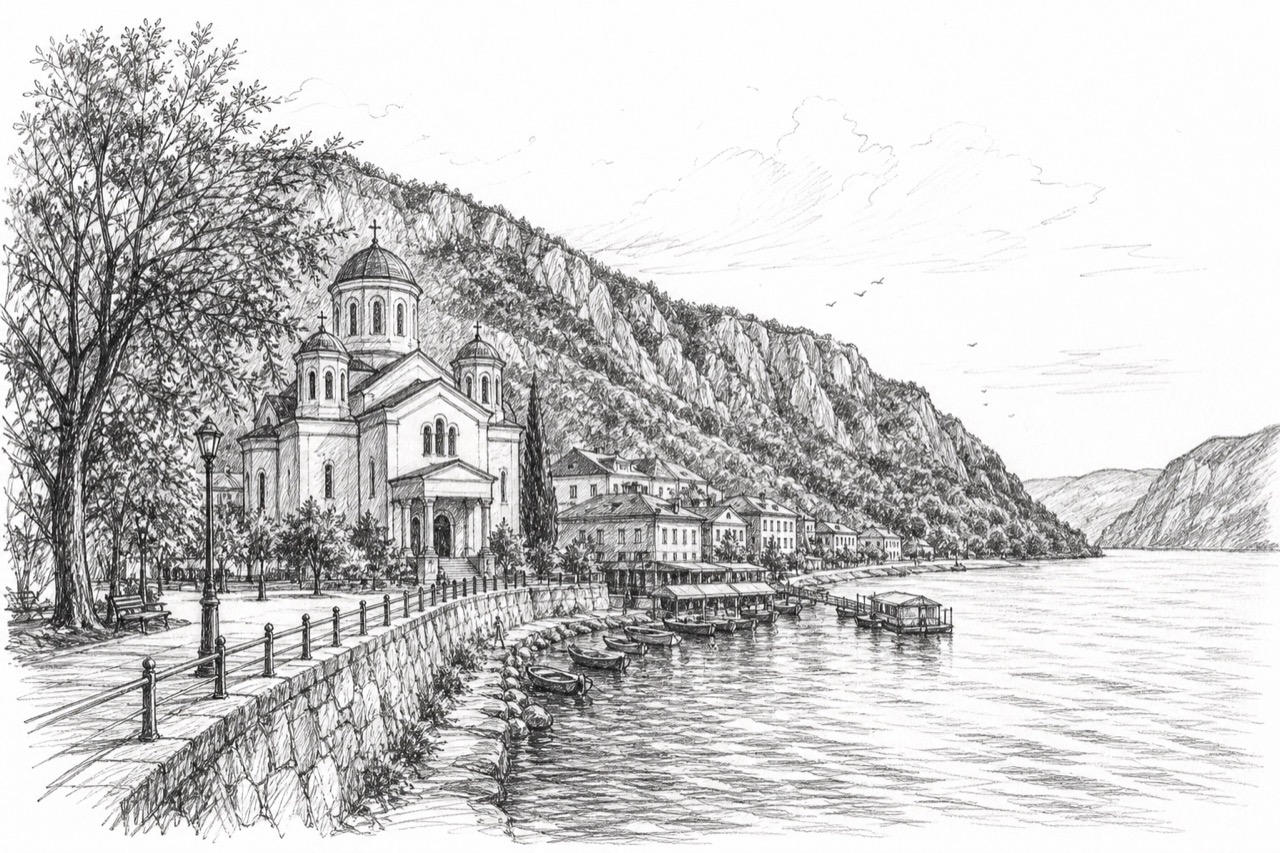 Hand-drawn pencil travel sketch for Orșova, Romania