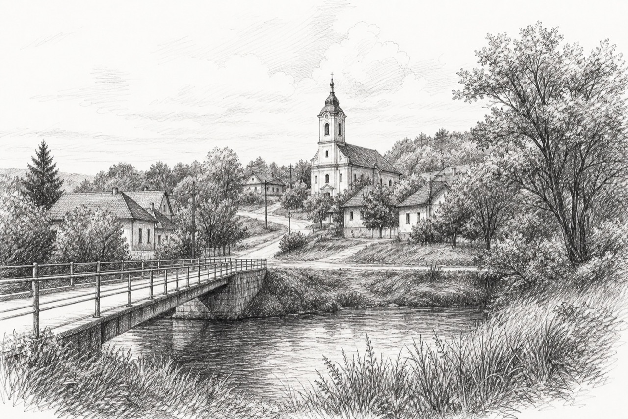 Hand-drawn pencil travel sketch for Őrtilos, Hungary