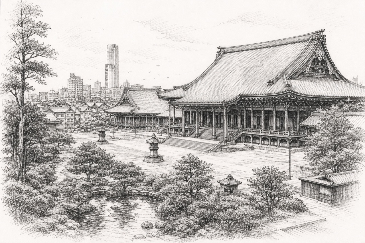 Hand-drawn pencil travel sketch for Osaka, Japan