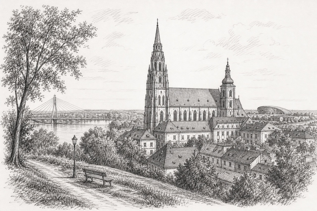 Hand-drawn pencil travel sketch for Osijek, Croatia