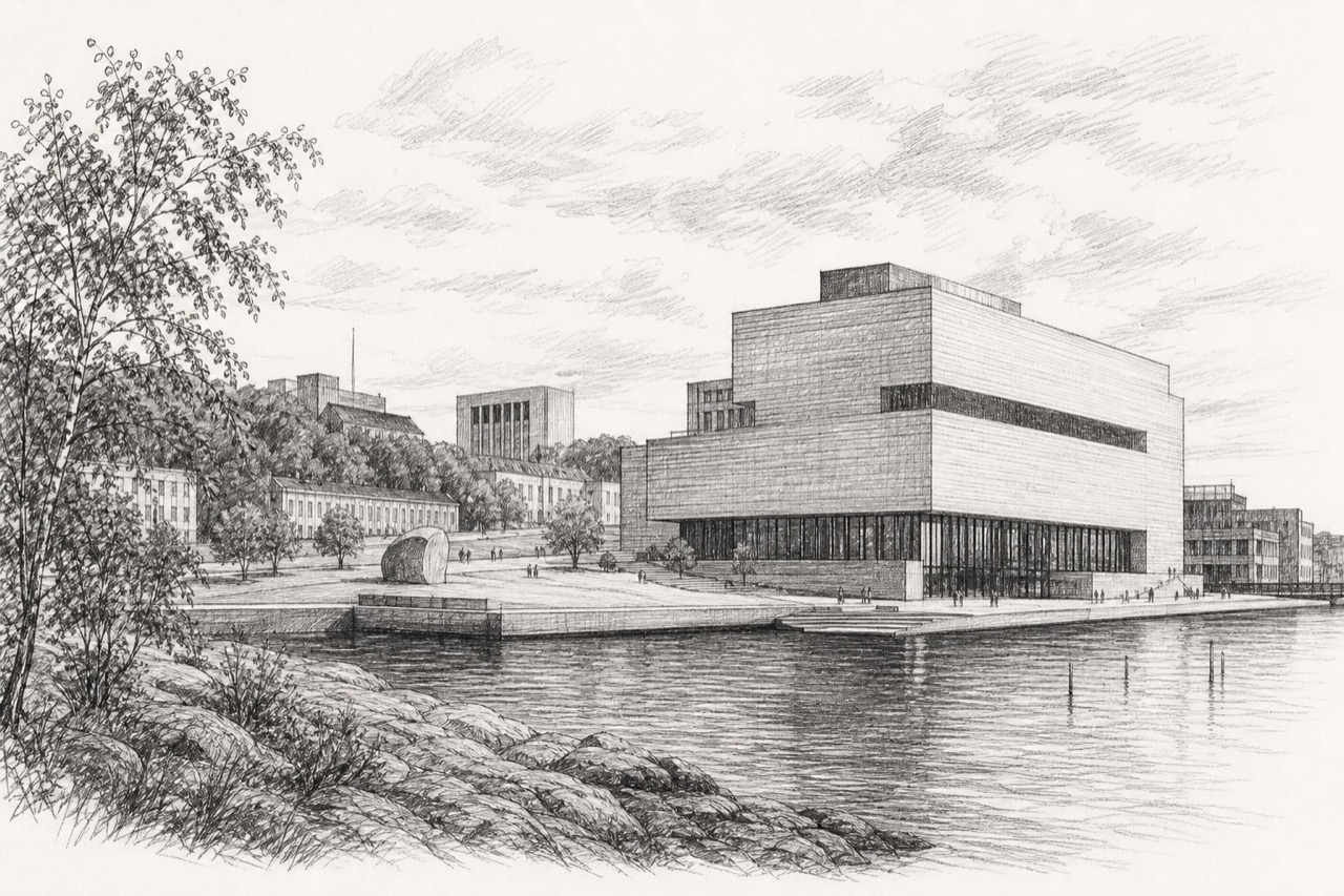 Hand-drawn pencil travel sketch for Oslo, Norway