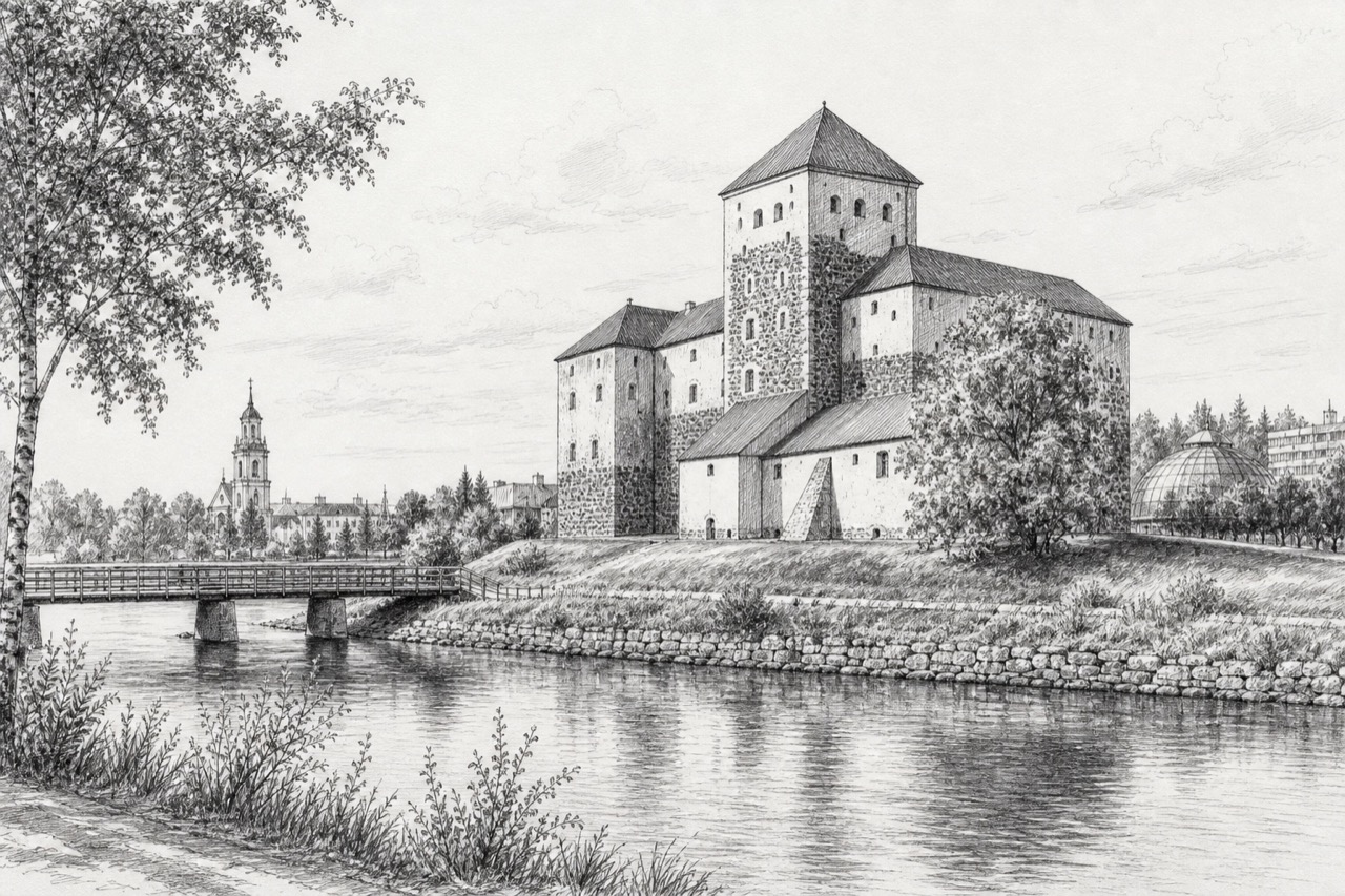 Hand-drawn pencil travel sketch for Oulu, Finland