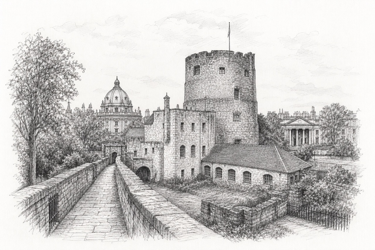 Hand-drawn pencil travel sketch for Oxford, United Kingdom