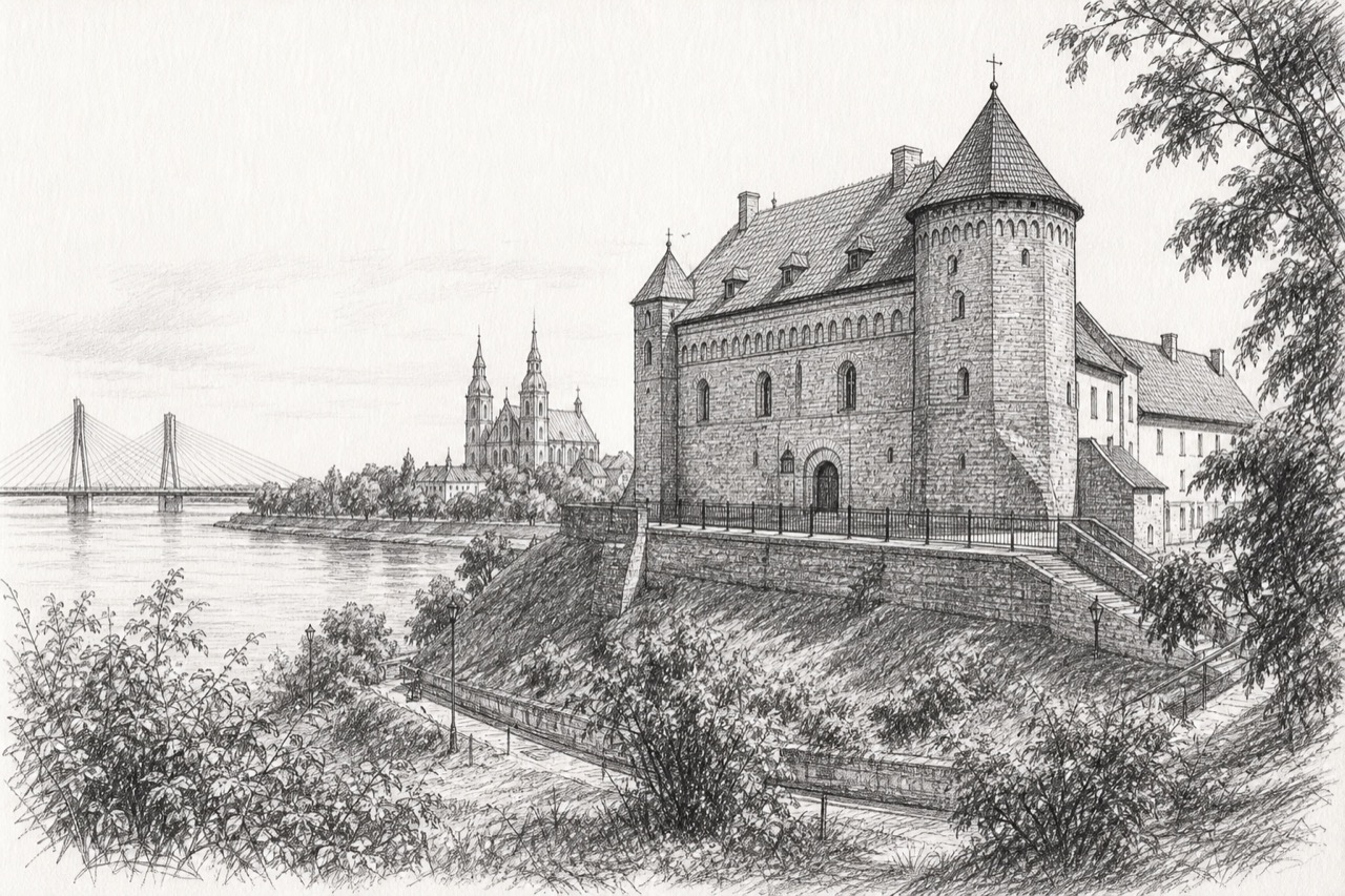 Hand-drawn pencil travel sketch for Płock, Poland