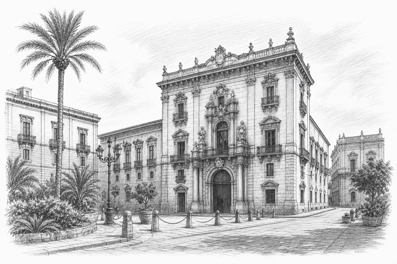 Hand-drawn pencil travel sketch for Palermo, Italy