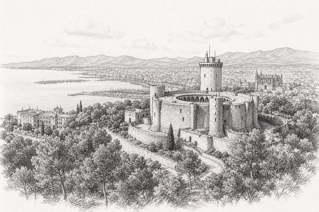 Hand-drawn pencil travel sketch for Palma, Spain