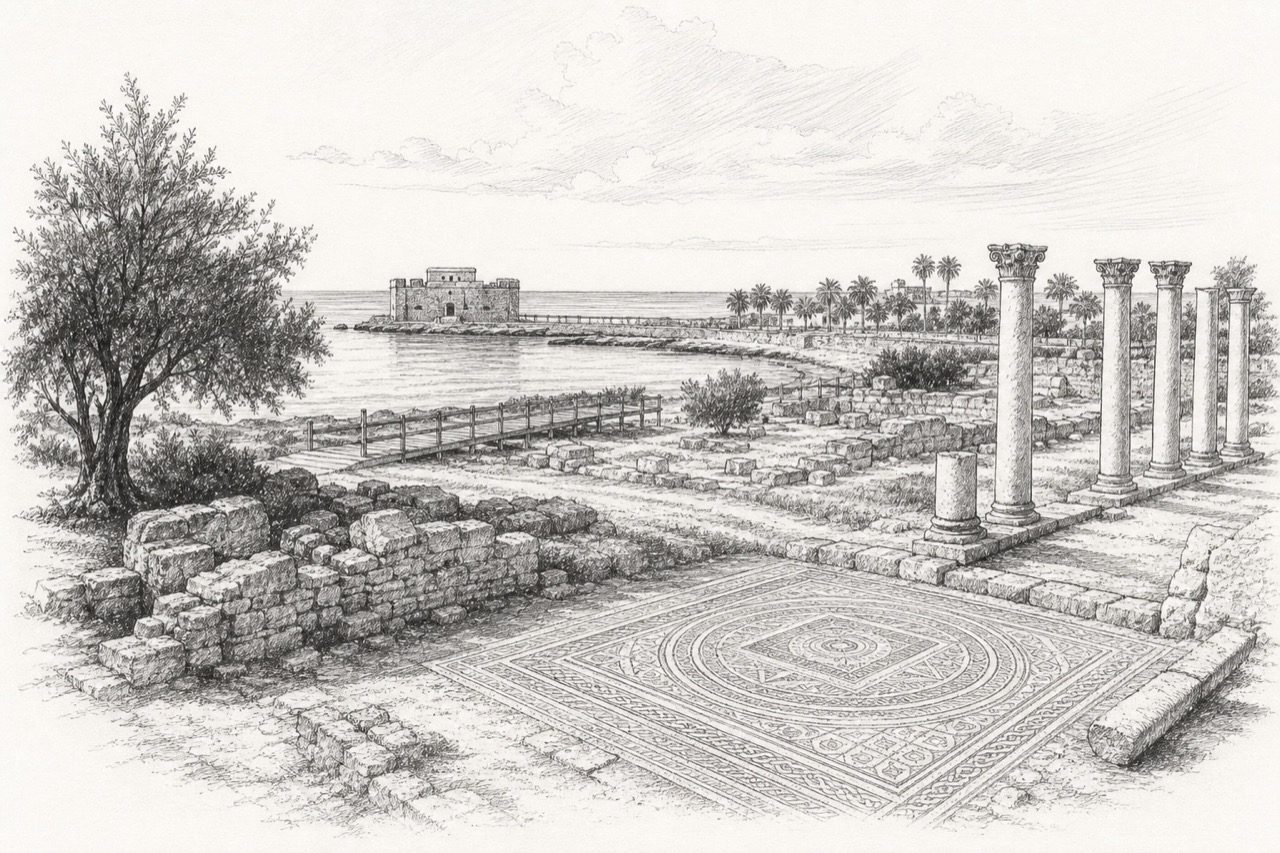 Hand-drawn pencil travel sketch for Paphos, Cyprus
