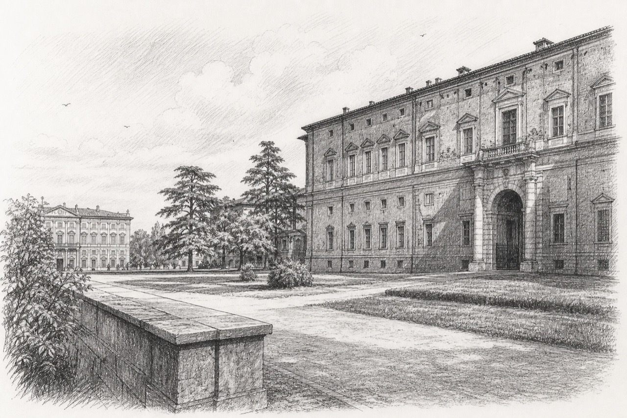 Hand-drawn pencil travel sketch for Parma, Italy