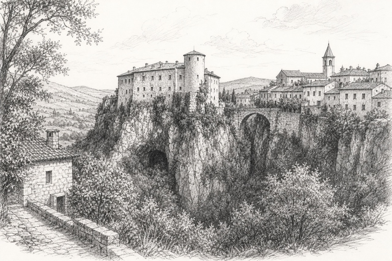 Hand-drawn pencil travel sketch for Pazin, Croatia