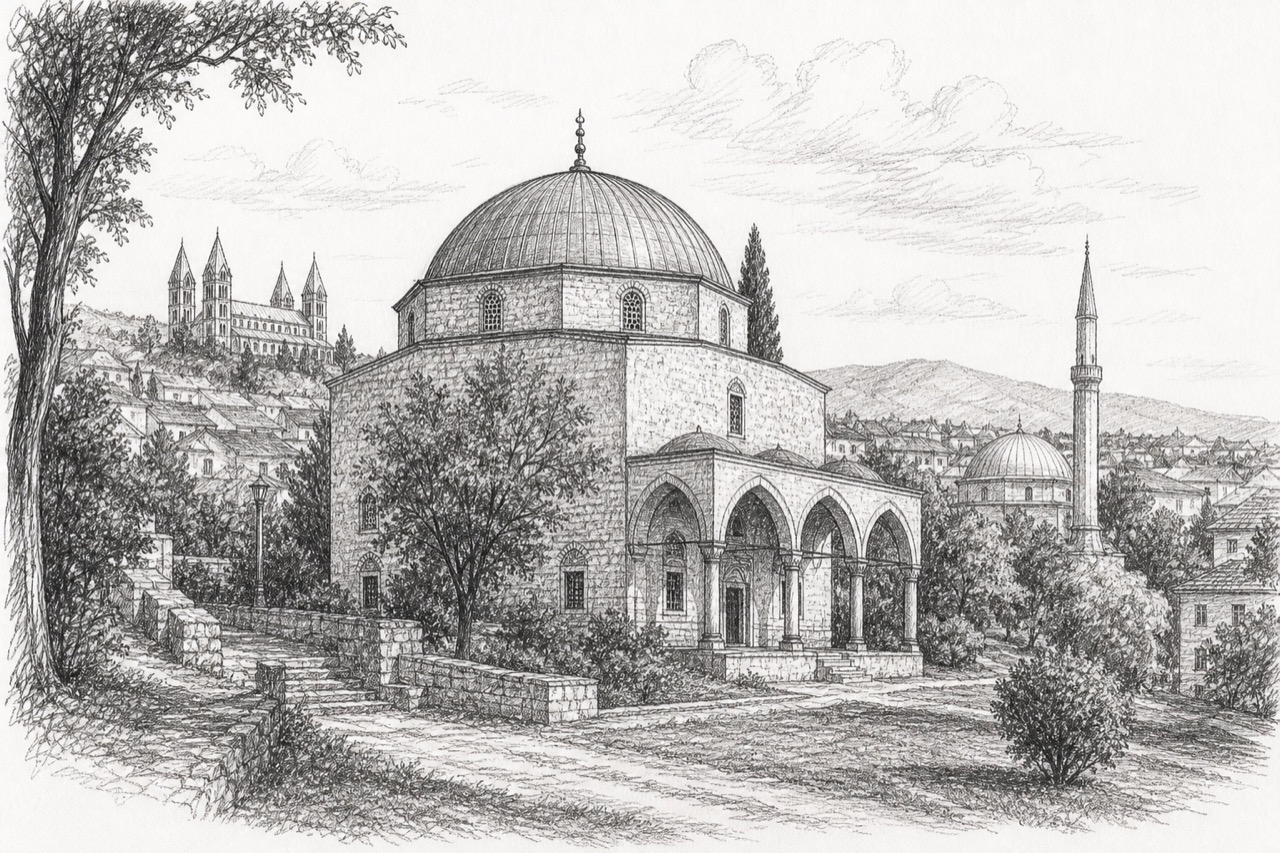 Hand-drawn pencil travel sketch for Pécs, Hungary