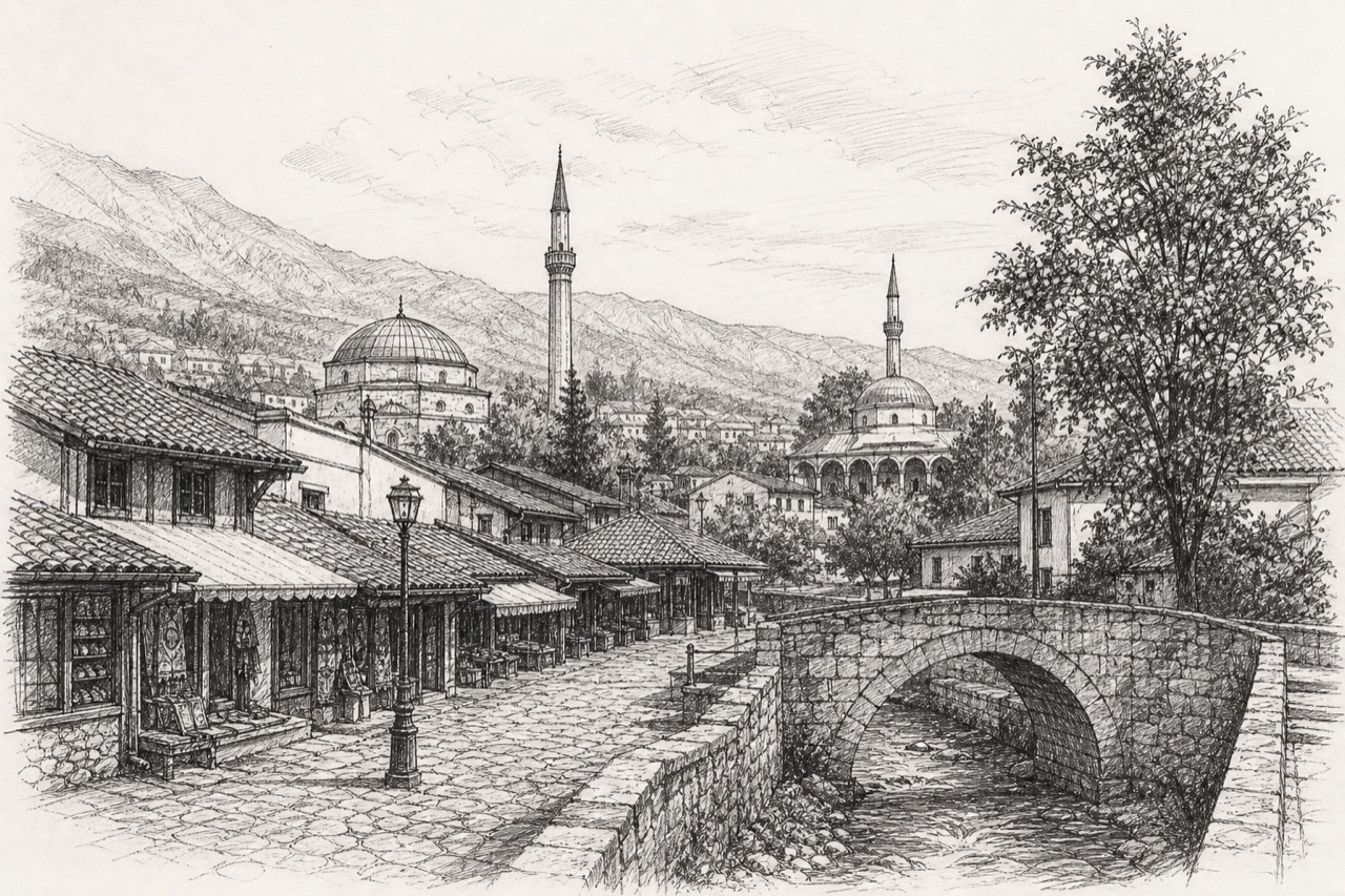 Hand-drawn pencil travel sketch for Peja, Kosovo