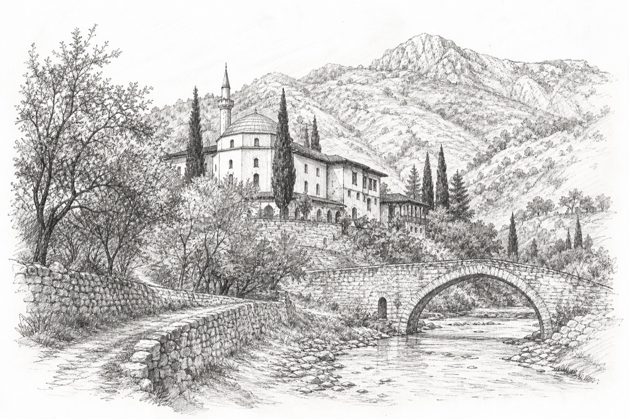 Hand-drawn pencil travel sketch for Përmet, Albania
