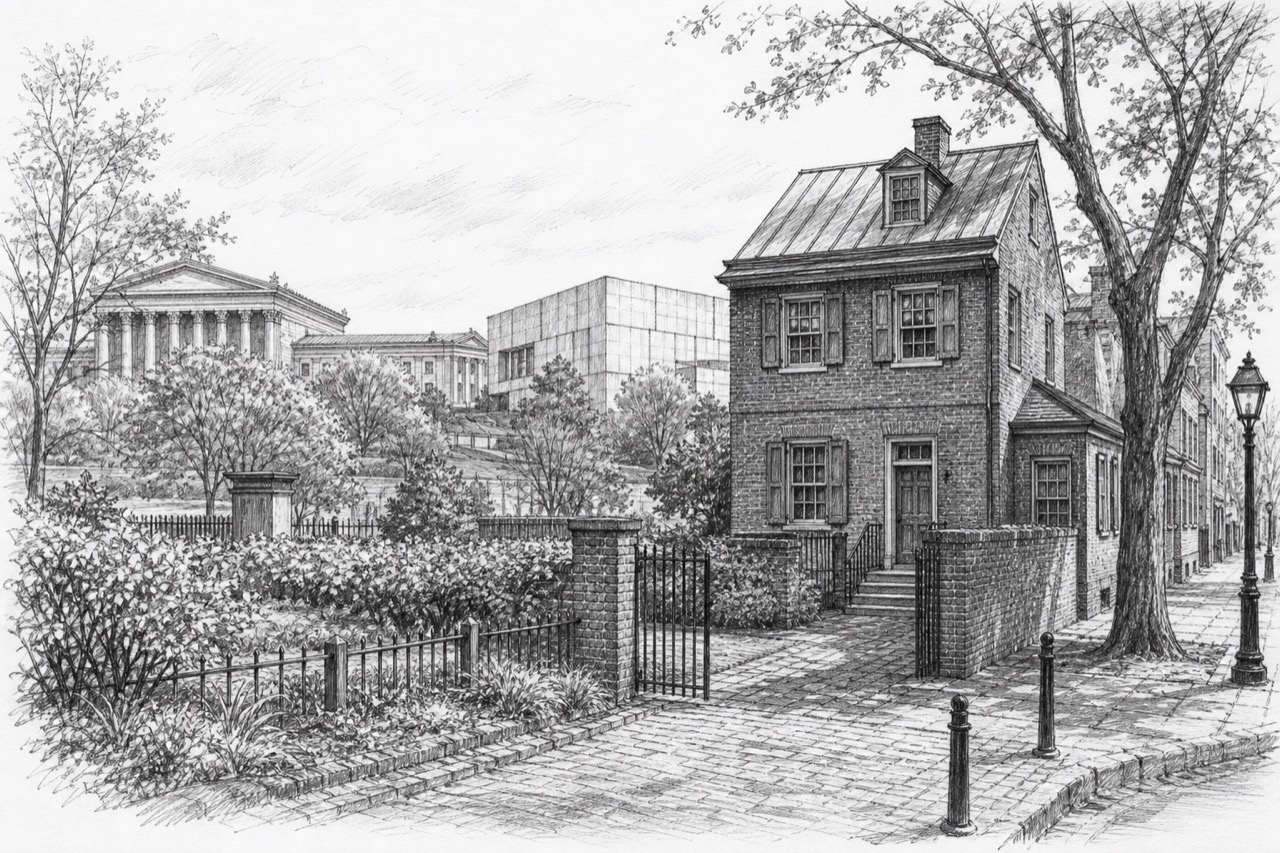 Hand-drawn pencil travel sketch for Philadelphia, United States
