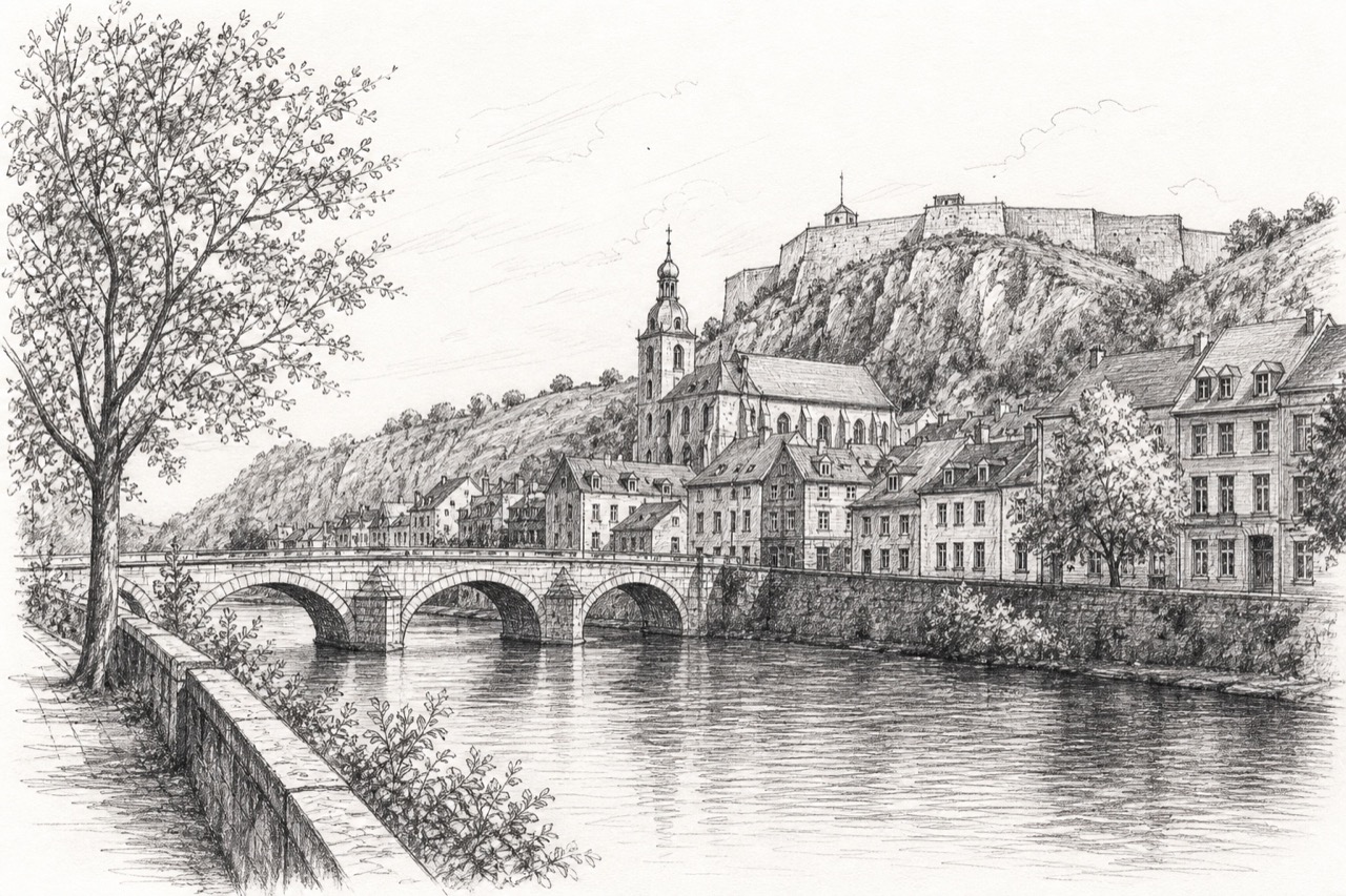 Hand-drawn pencil travel sketch for Philippeville, Belgium