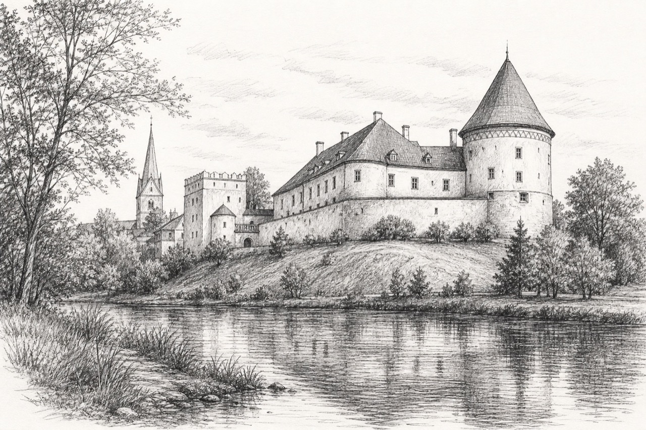 Hand-drawn pencil travel sketch for Piltene, Latvia
