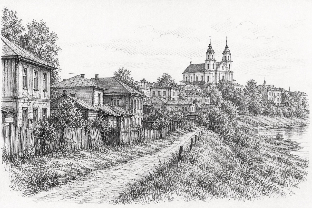 Hand-drawn pencil travel sketch for Pinsk, Belarus