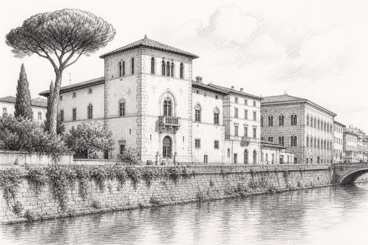 Hand-drawn pencil travel sketch for Pisa, Italy
