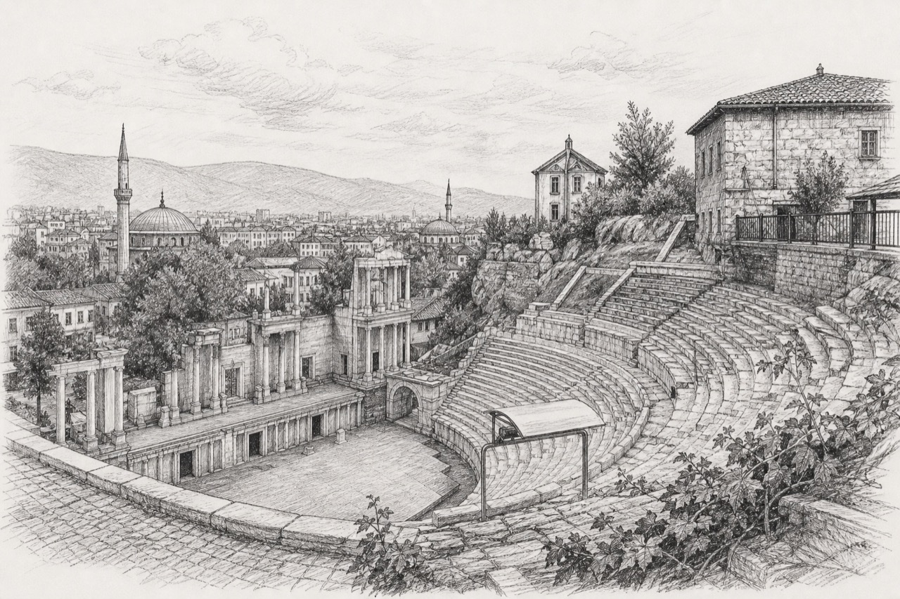 Hand-drawn pencil travel sketch for Plovdiv, Bulgaria