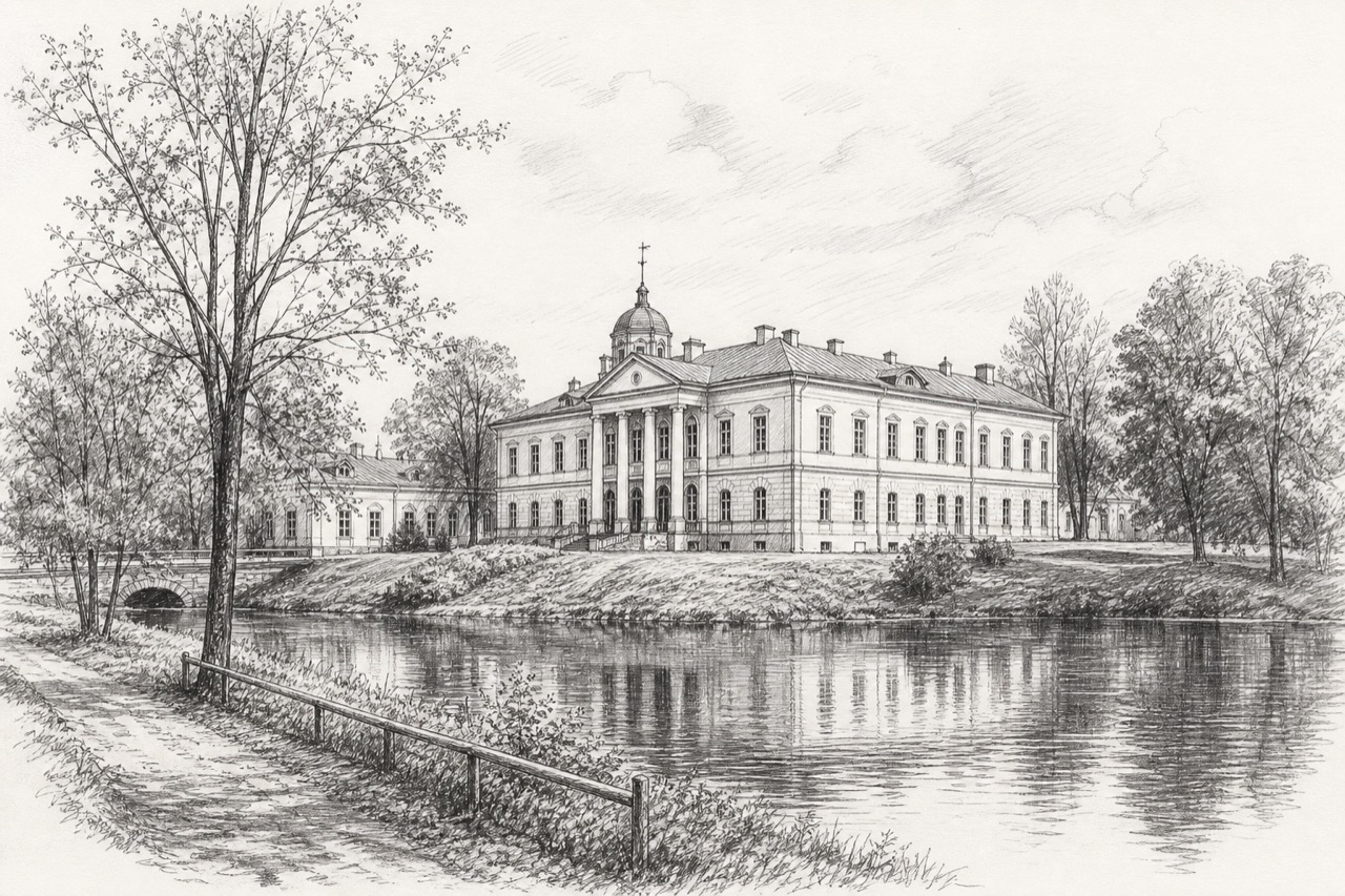 Hand-drawn pencil travel sketch for Plungė, Lithuania