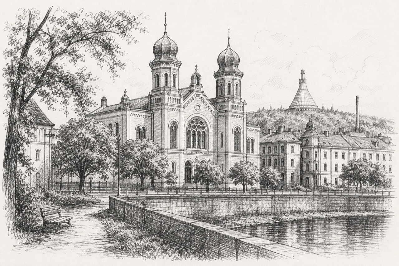 Hand-drawn pencil travel sketch for Plzeň, Czech Republic