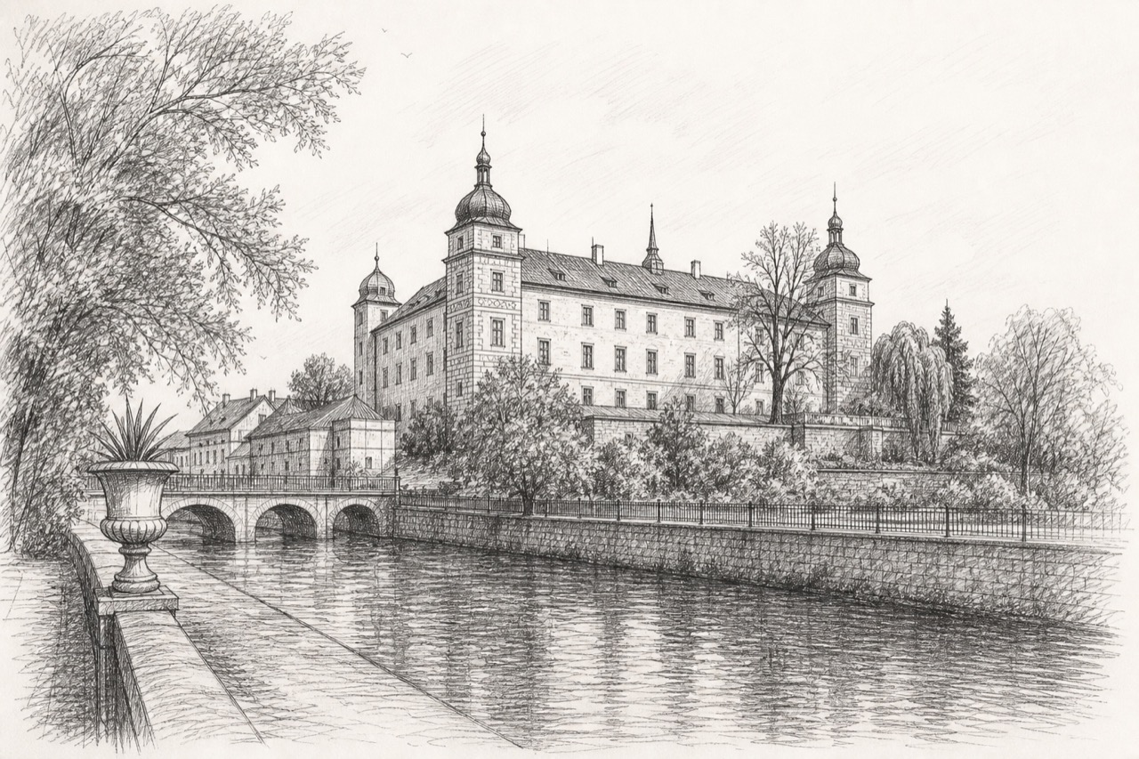 Hand-drawn pencil travel sketch for Poděbrady I, Czech Republic