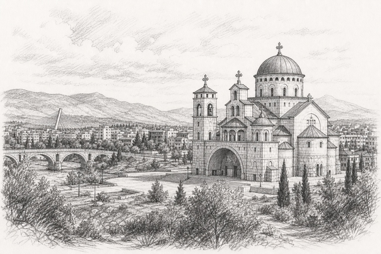 Hand-drawn pencil travel sketch for Podgorica, Montenegro
