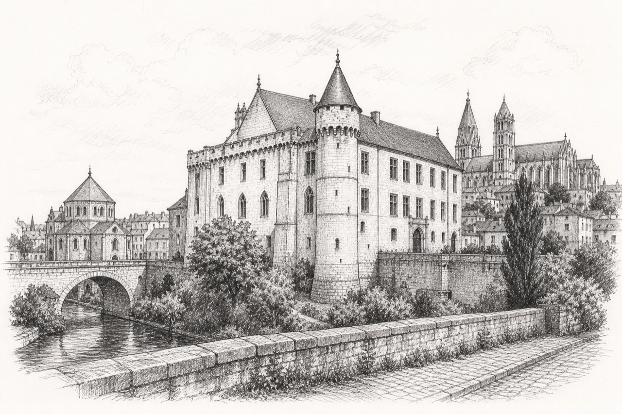 Hand-drawn pencil travel sketch for Poitiers, France