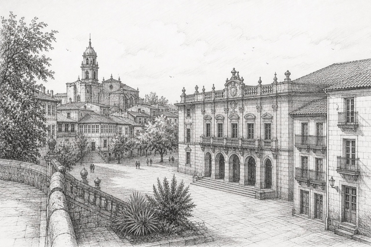 Hand-drawn pencil travel sketch for Pontevedra, Spain