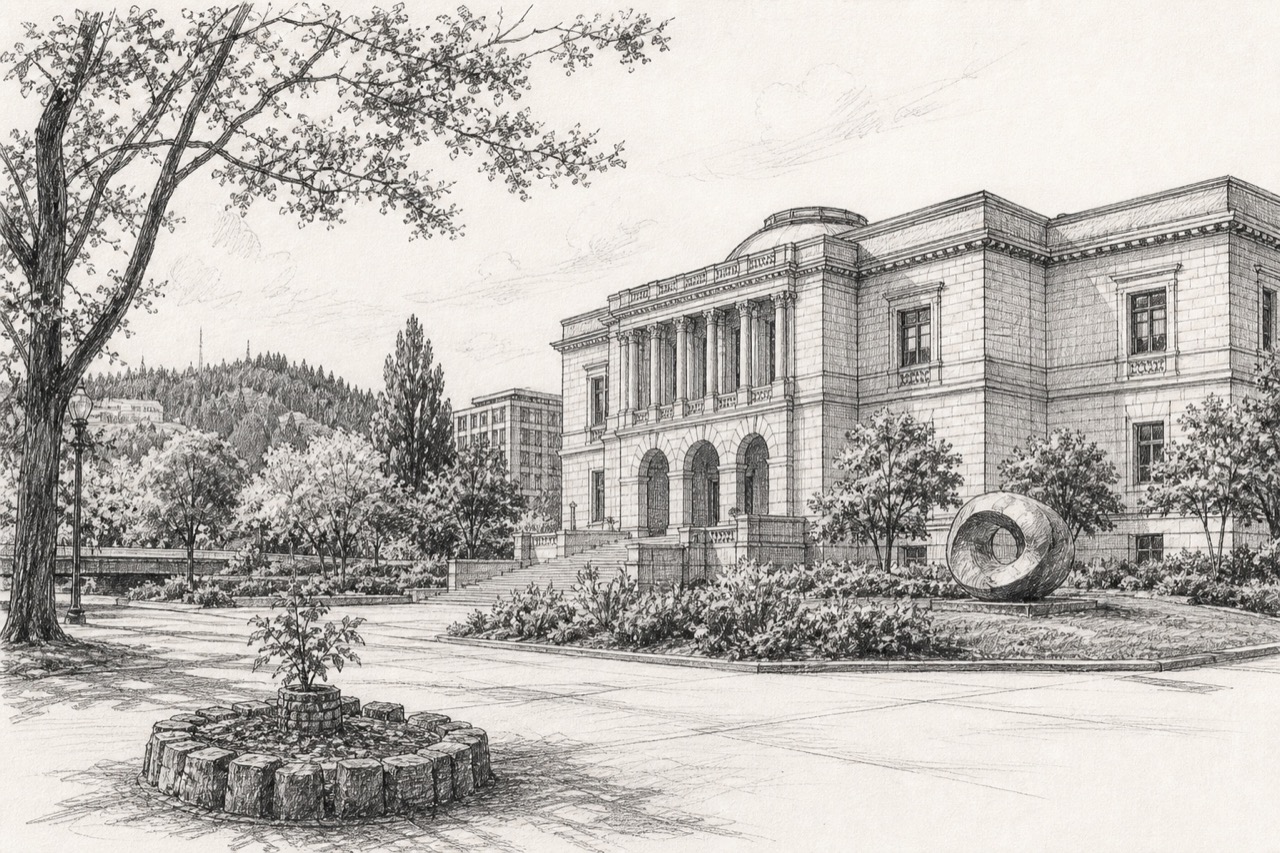 Hand-drawn pencil travel sketch for Portland, United States
