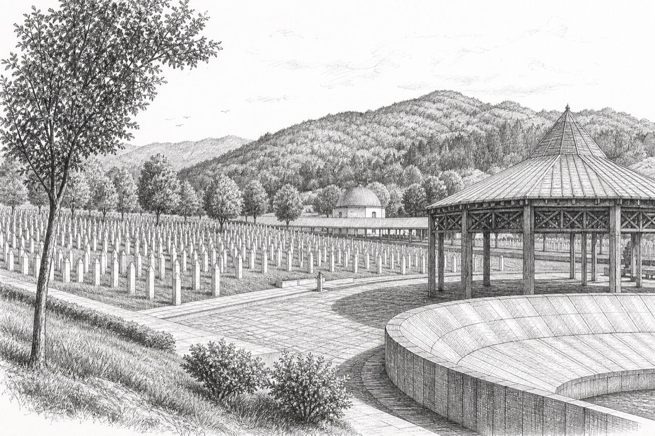 Hand-drawn pencil travel sketch for Potočari, Bosnia and Herzegovina