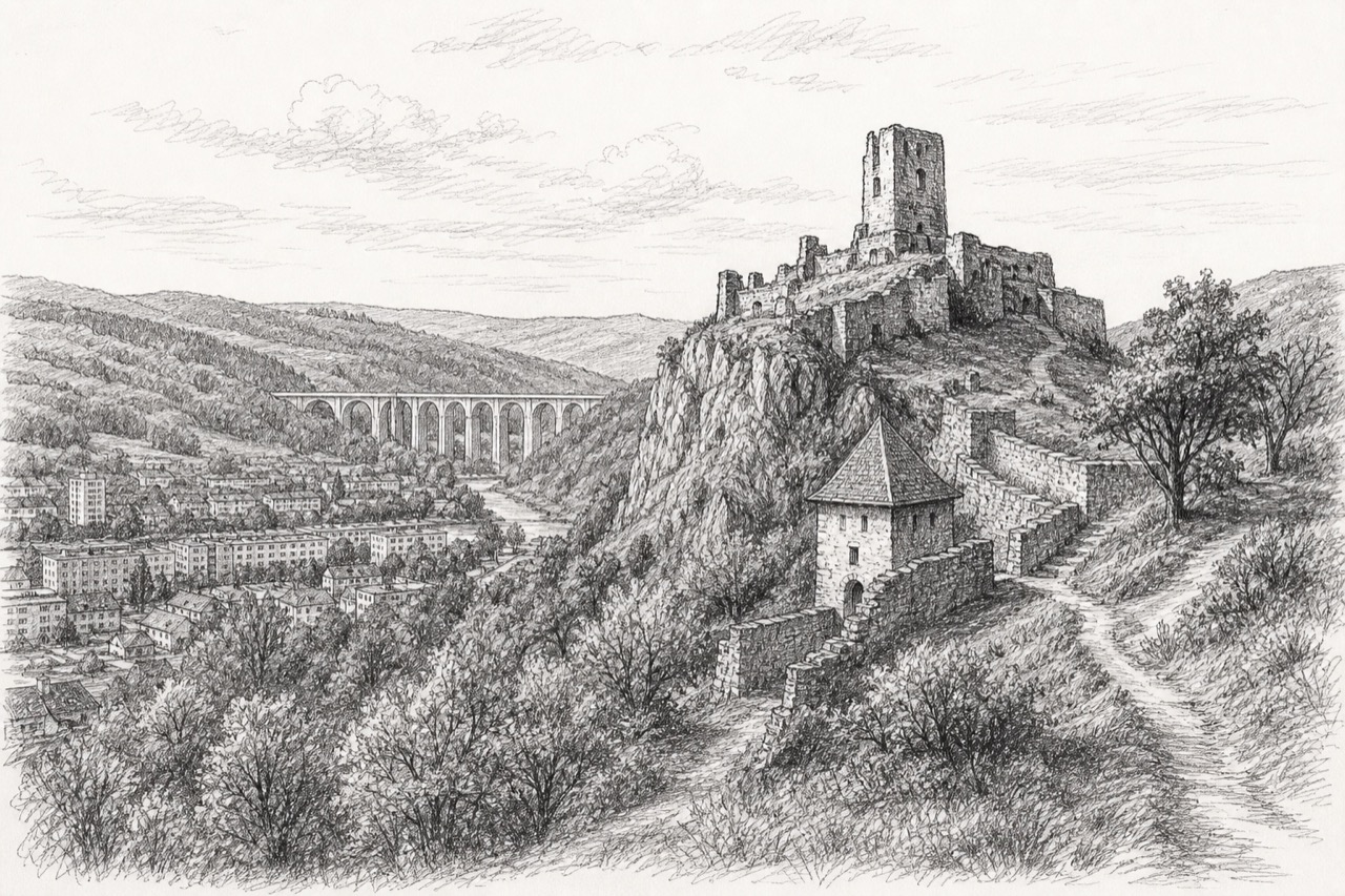 Hand-drawn pencil travel sketch for Považská Bystrica, Slovakia