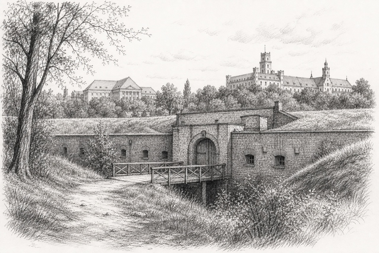 Hand-drawn pencil travel sketch for Poznań, Poland