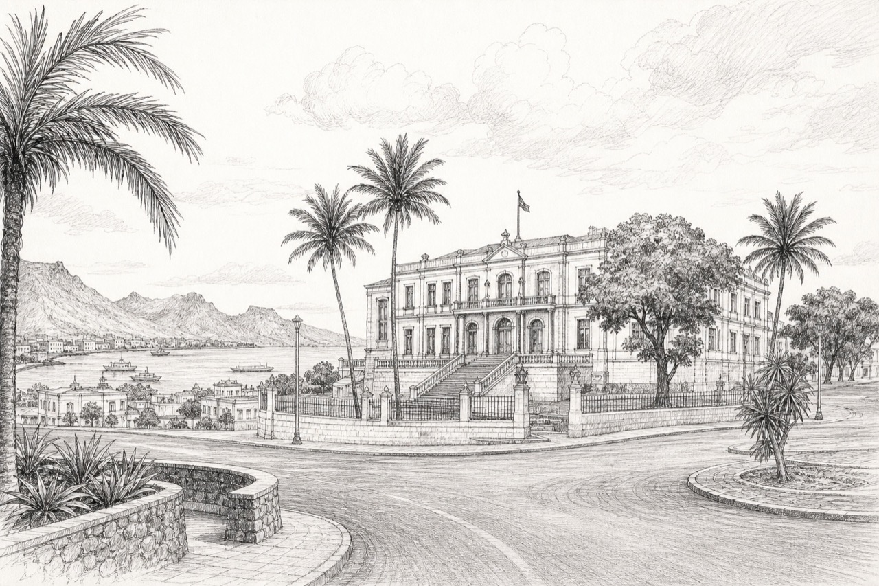 Hand-drawn pencil travel sketch for Praia, Cape Verde
