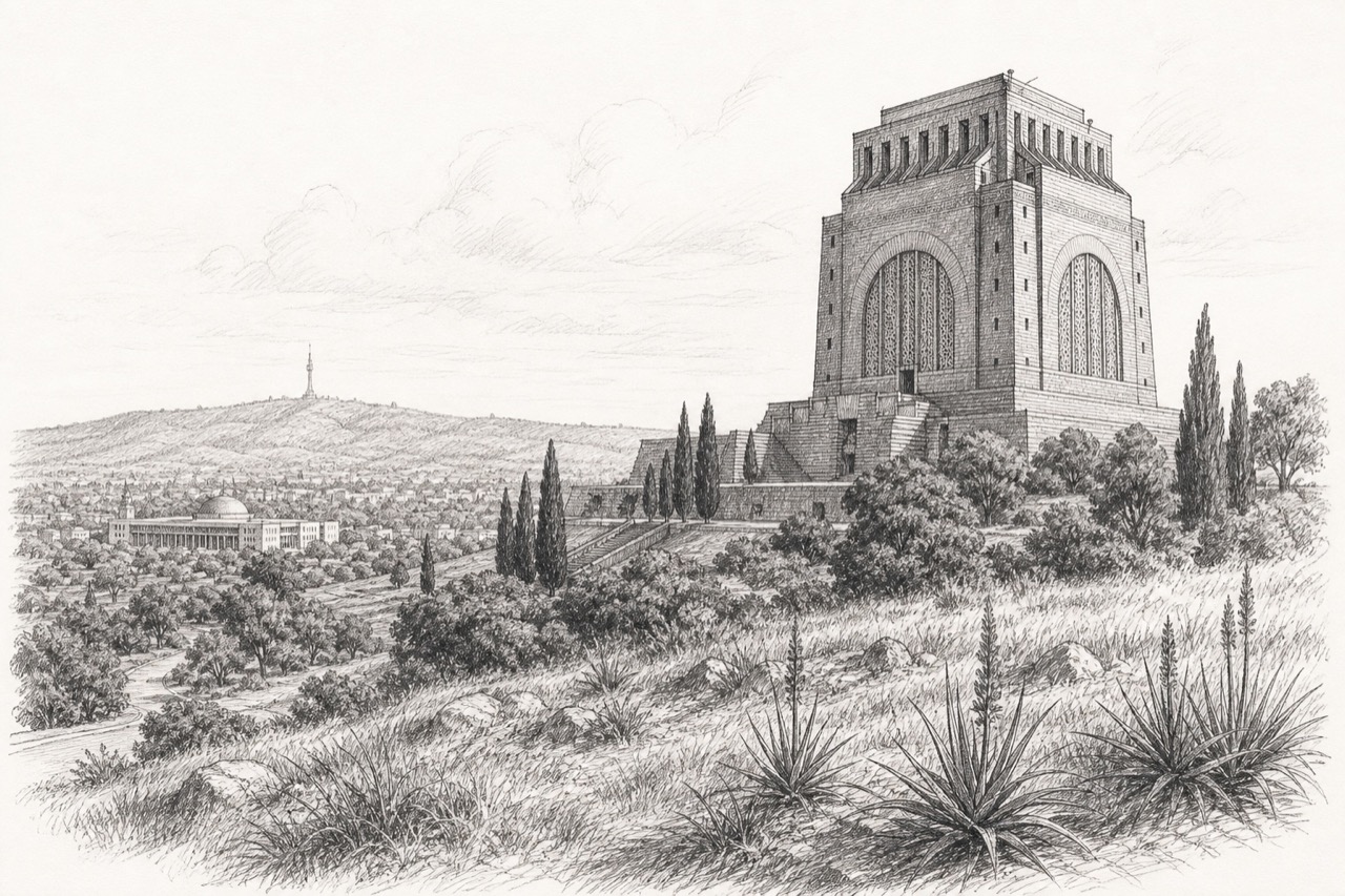 Hand-drawn pencil travel sketch for Pretoria, South Africa