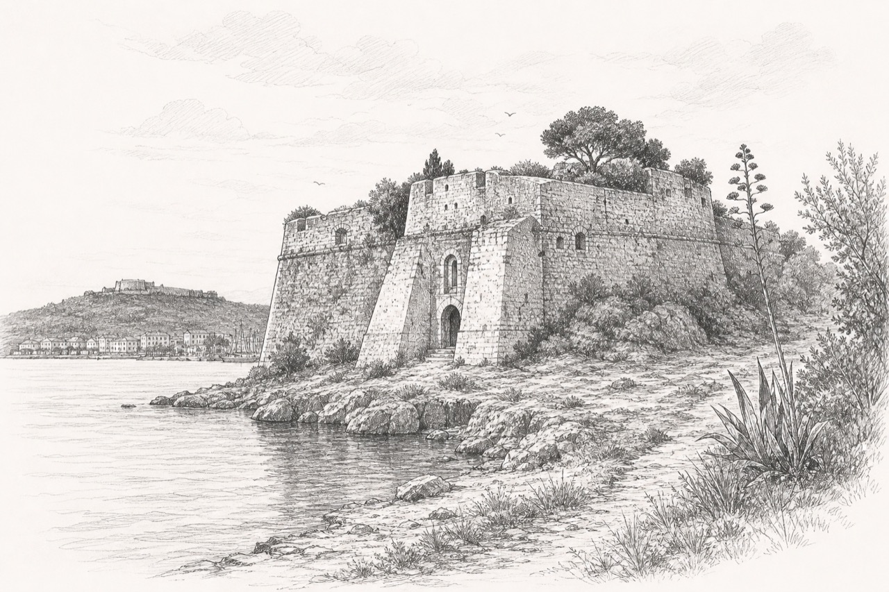 Hand-drawn pencil travel sketch for Preveza, Greece