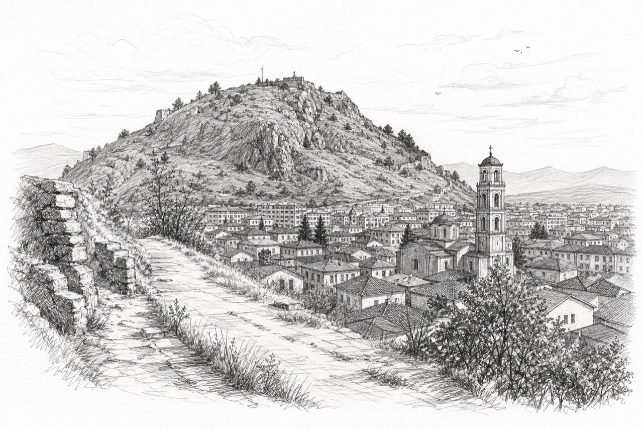 Hand-drawn pencil travel sketch for Prilep, North Macedonia