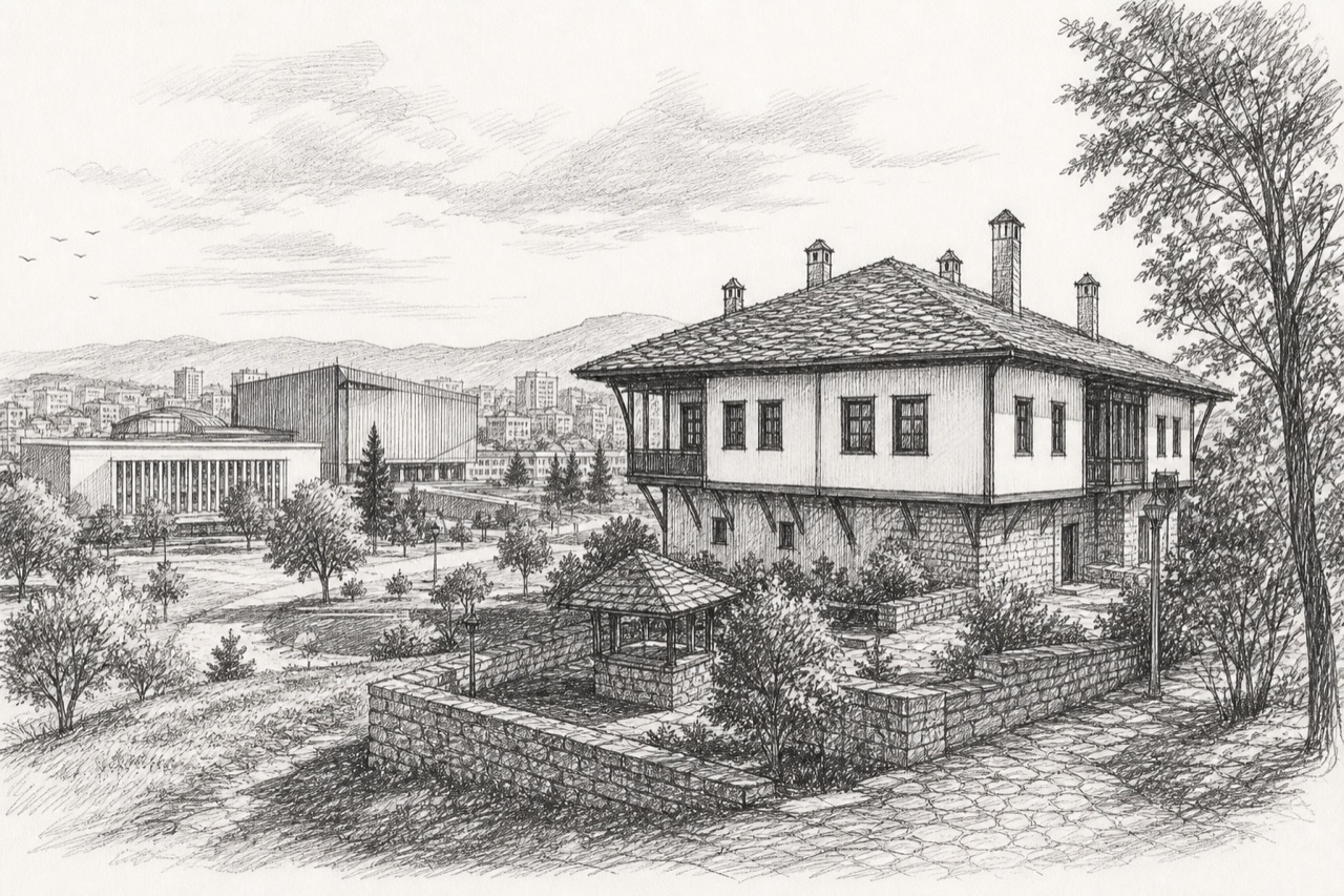 Hand-drawn pencil travel sketch for Pristina, Kosovo