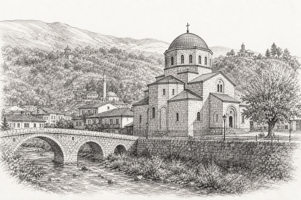 Hand-drawn pencil travel sketch for Prizren, Kosovo