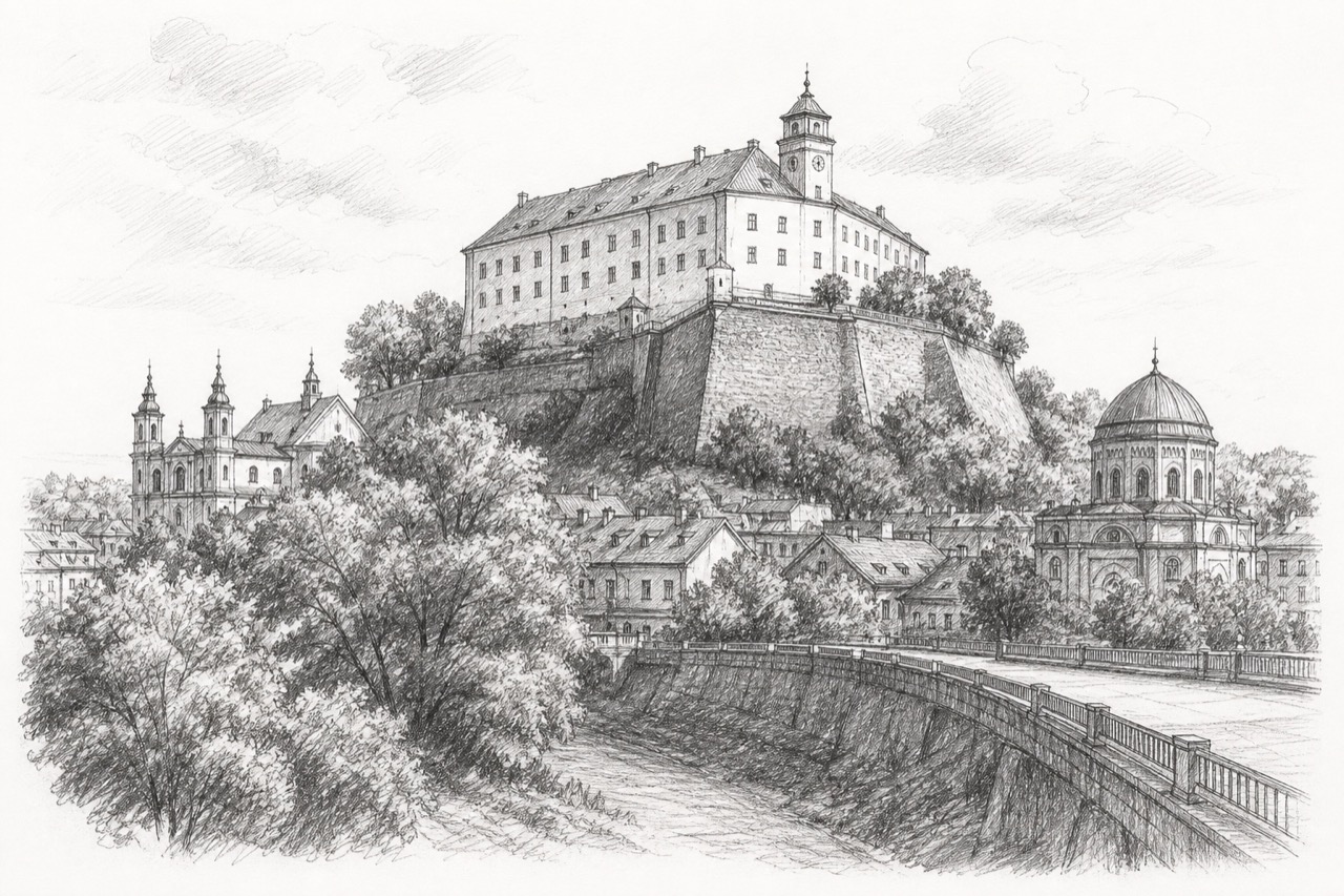 Hand-drawn pencil travel sketch for Przemyśl, Poland
