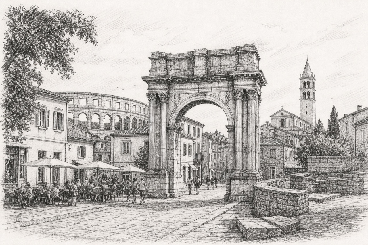 Hand-drawn pencil travel sketch for Pula, Croatia