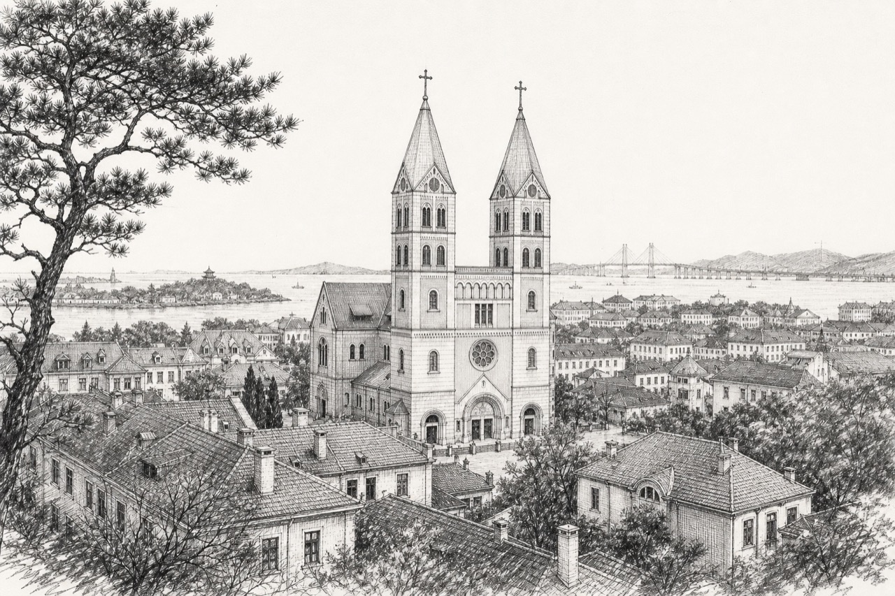 Hand-drawn pencil travel sketch for Qingdao, People's Republic of China