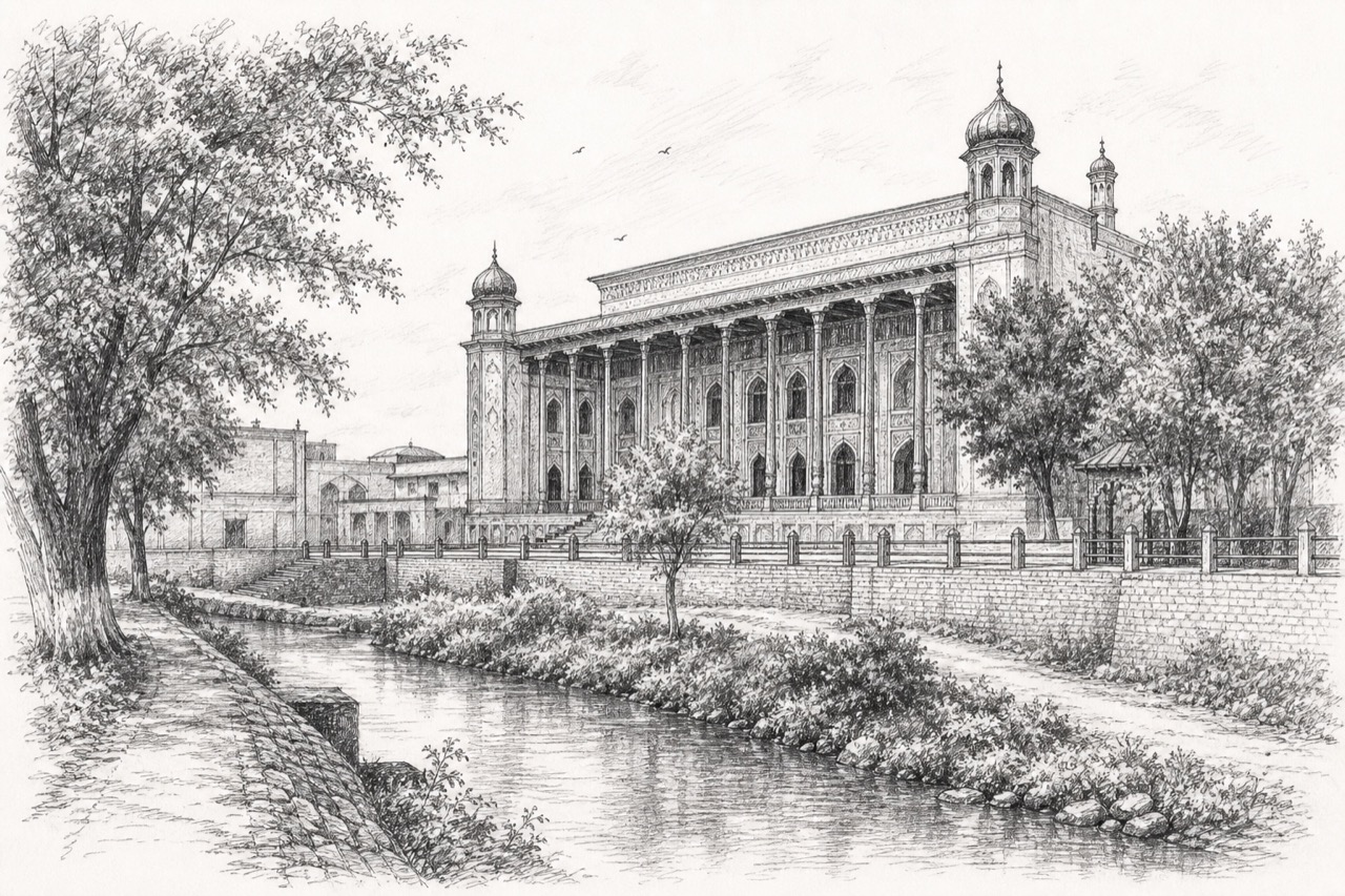 Hand-drawn pencil travel sketch for Qoʻqon, Uzbekistan