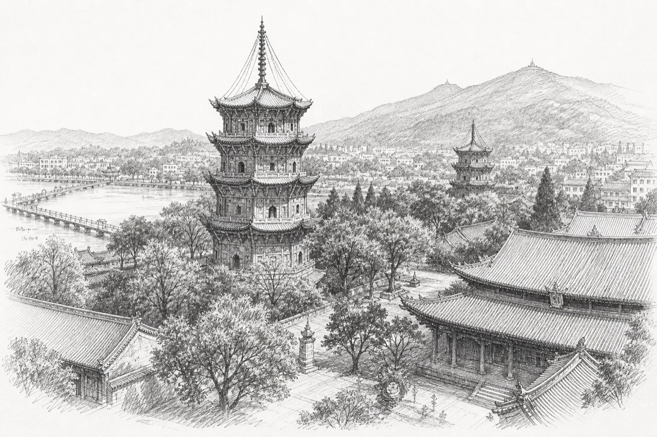 Hand-drawn pencil travel sketch for Quanzhou, People's Republic of China