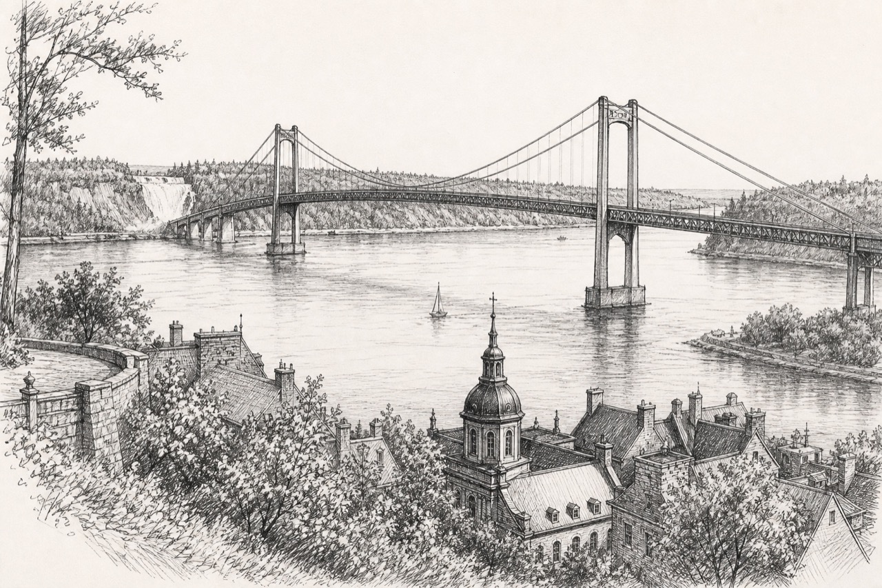 Hand-drawn pencil travel sketch for Quebec City, Canada