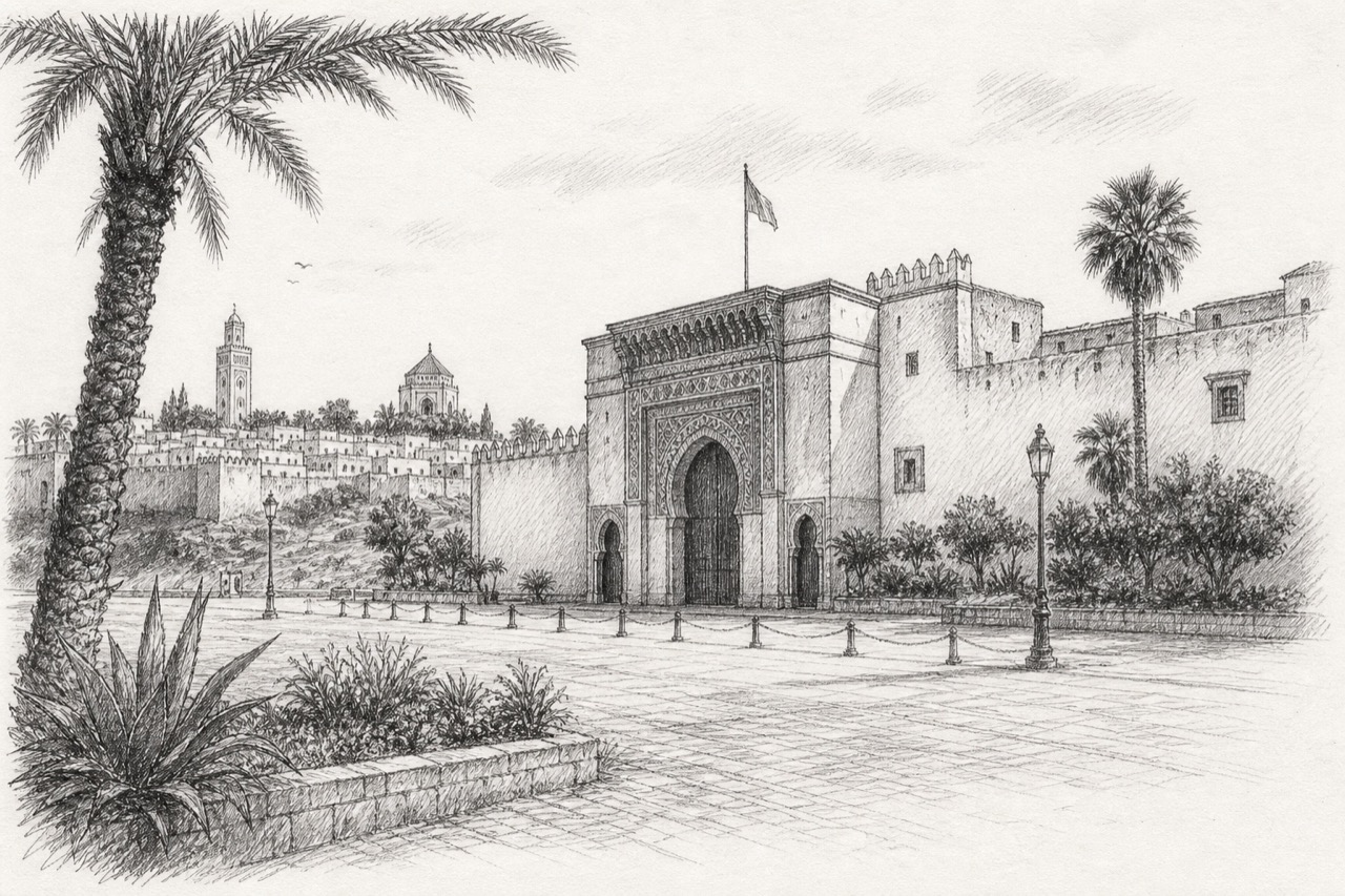 Hand-drawn pencil travel sketch for Rabat, Morocco