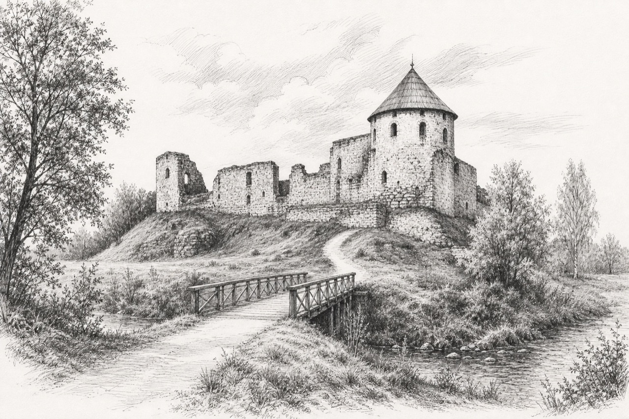 Hand-drawn pencil travel sketch for Rauna, Latvia